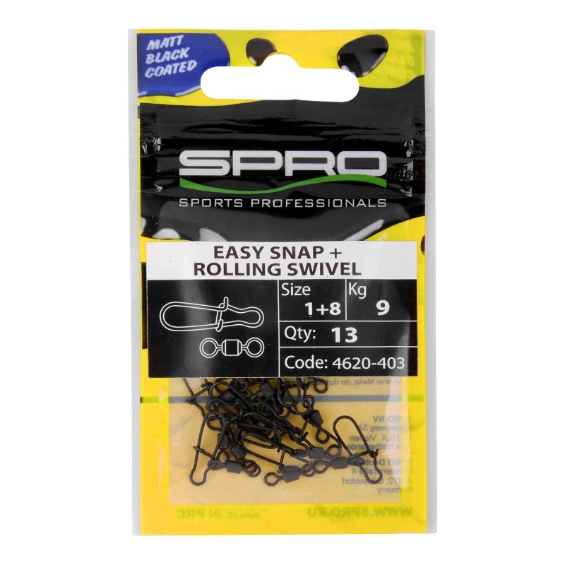 SPRO Matte Black Easy Snap + Rolling Swivel verpakking